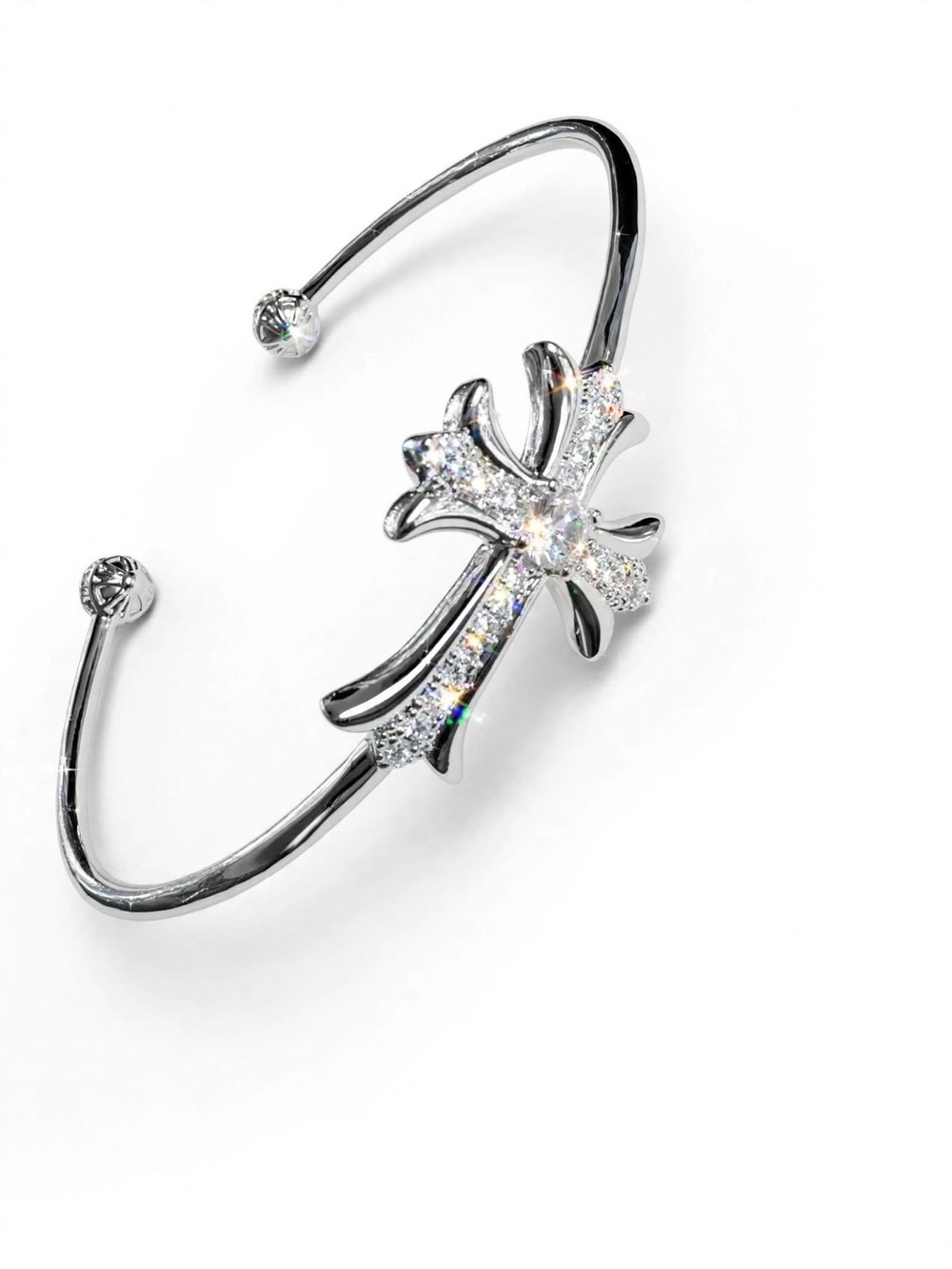 Chrome Hearts Cross Bracelet Cuff Bangle Platinum Plated Crystal Gothic Cross